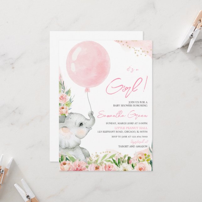Invitación de Baby Shower de Elefante Floral (Anverso/Reverso In Situ)