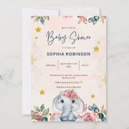 Invitación de baby shower de elefante floral lindo