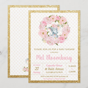 Invitación de Baby Shower de Elefante Floral Rosa 