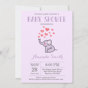 Invitación de Baby Shower de Elefante Morado y Gri