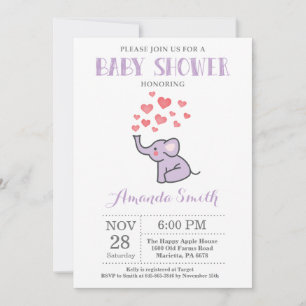 Invitación de Baby Shower de Elefante Morado y Gri