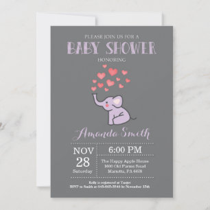 Invitación de Baby Shower de Elefante Morado y Gri
