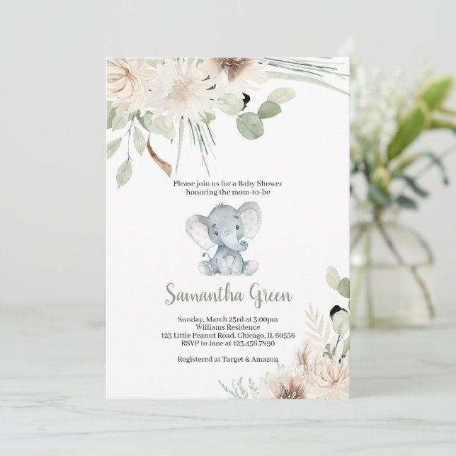 Invitación de Baby Shower de Elefante Neutro en Gé (Anverso de pie)