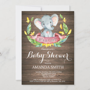 Invitación de Baby Shower de Elefante Niña Rústica
