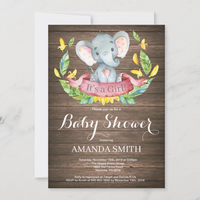 Invitación de Baby Shower de Elefante Niña Rústica (Anverso)