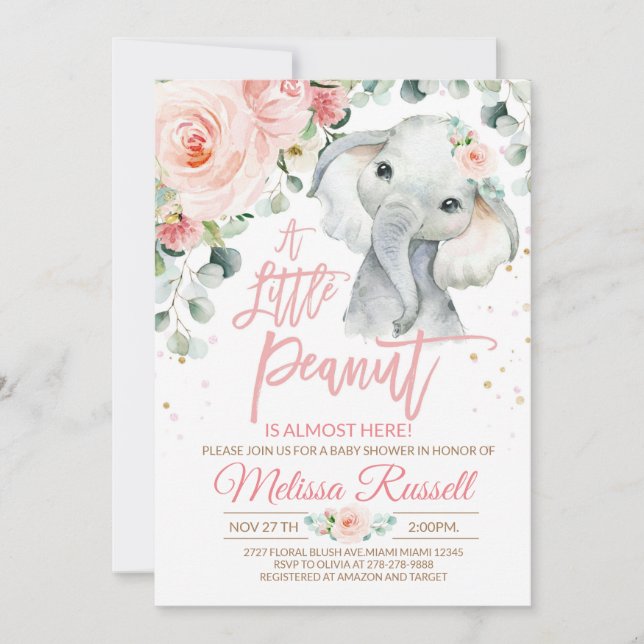 Invitación de Baby Shower de Elefante Niña, Safari (Anverso)