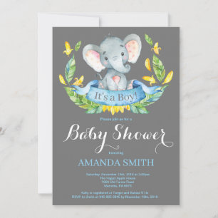 Invitación de Baby Shower de Elefante Niño Azul y 