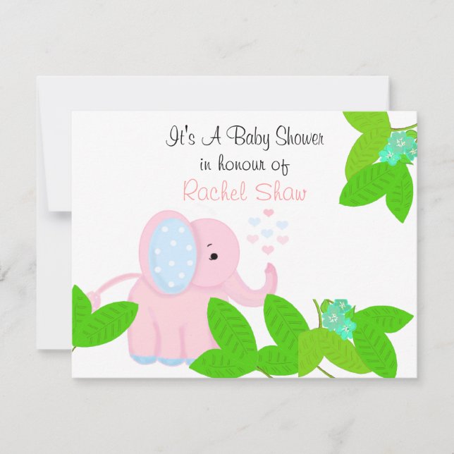 Invitación de Baby Shower de Elefante Rosa Dulce (Anverso)