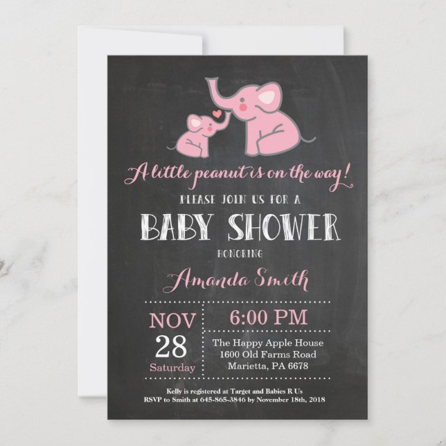 Invitación de Baby Shower de Elefante Rosa y Gris (Anverso)