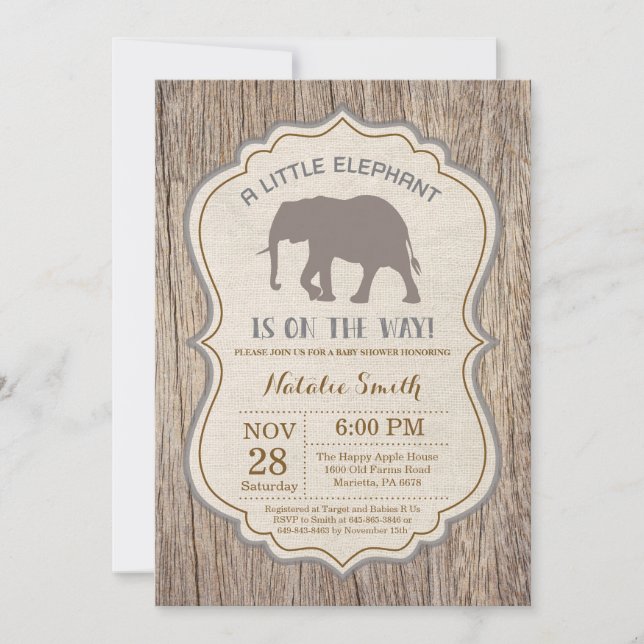 Invitación de Baby Shower de Elefante Rústico (Anverso)