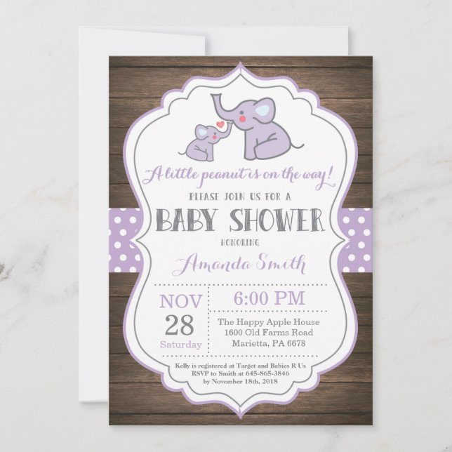 Invitación de Baby Shower de Elefante Rústico Mora (Anverso)