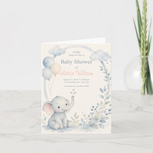 Invitación de baby shower de elefante verde para b (Anverso)