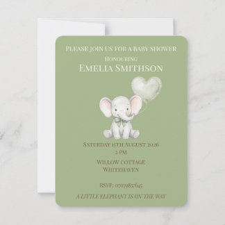 Invitación de Baby Shower de Elefante Verde Salvia