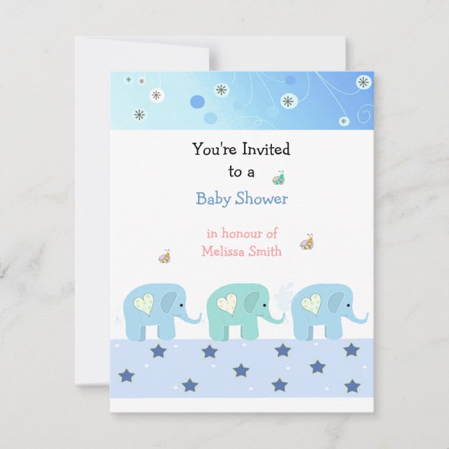 Invitación de Baby Shower de Elefantes Azules (Anverso)
