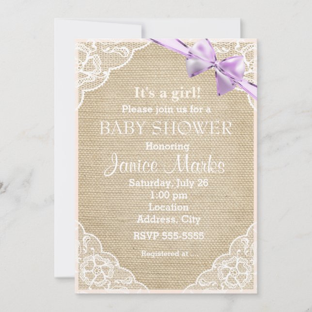 Invitación de baby shower de encaje de arpillera r (Anverso)