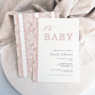 Invitación de baby shower de encaje rosa Oh Baby G