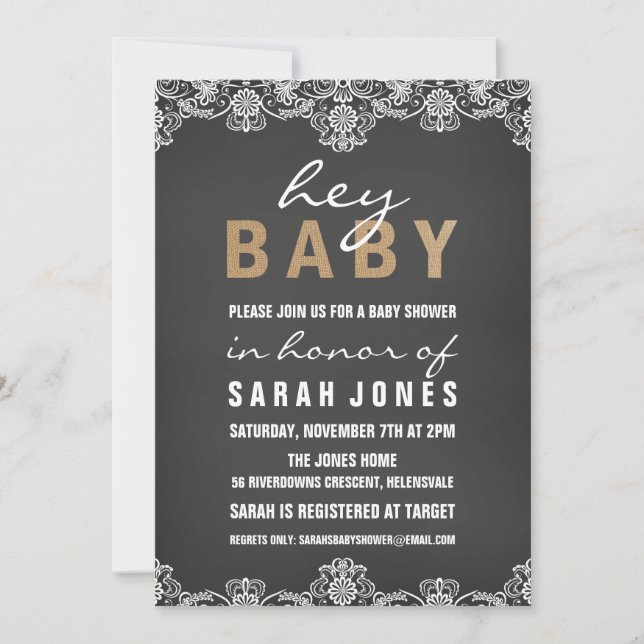 Invitación de baby shower de encaje y arpillera (Anverso)