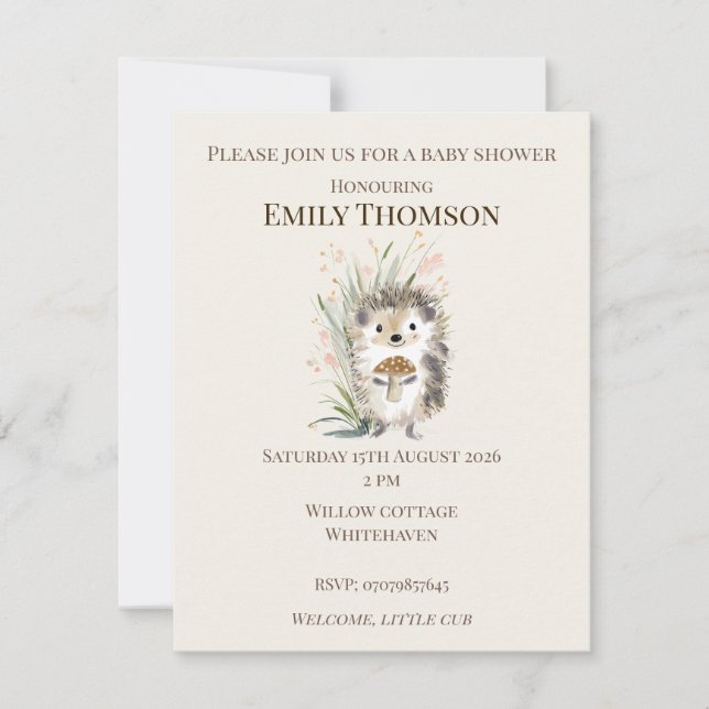 Invitación de Baby Shower de Erizo del Bosque (Anverso)