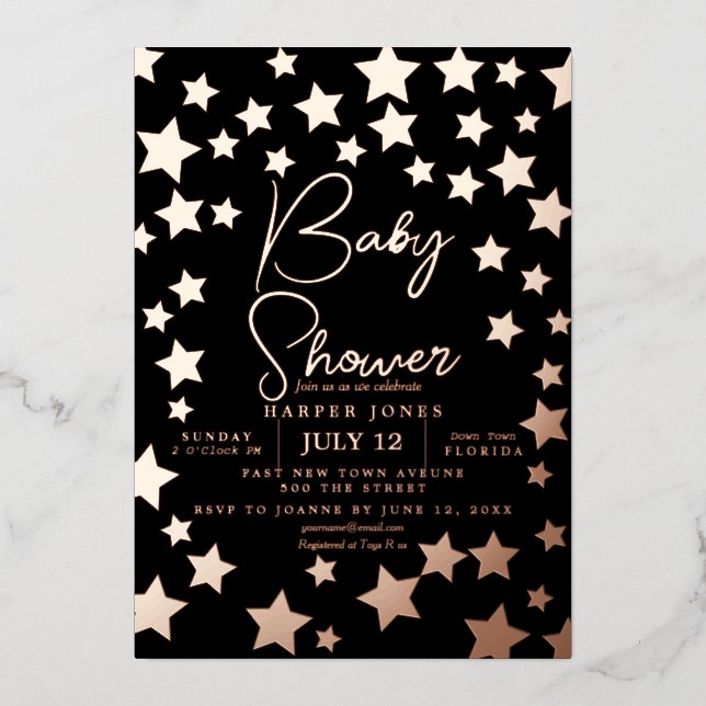 Invitación de Baby Shower de estrella negra y cobr (Anverso)