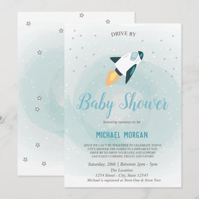 Invitación de baby shower de estrellas y cohete (Anverso / Reverso)