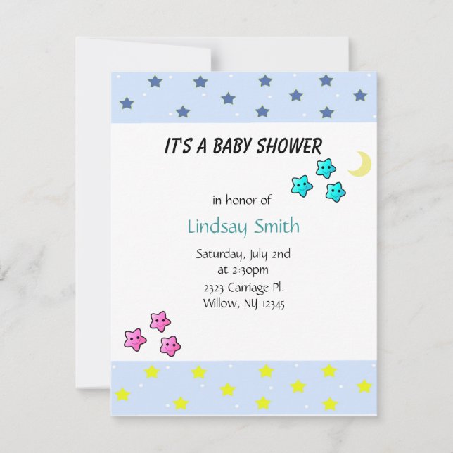 Invitación de Baby Shower de Estrellas y Luna (Anverso)