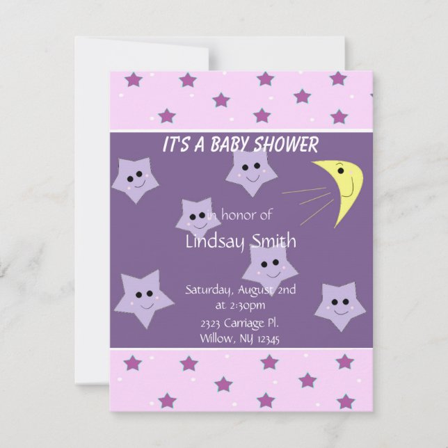 Invitación de Baby Shower de Estrellas y Luna (Anverso)