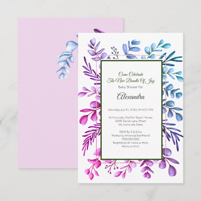 invitación de baby shower de Eucalipto Azul Rosa P (Anverso / Reverso)