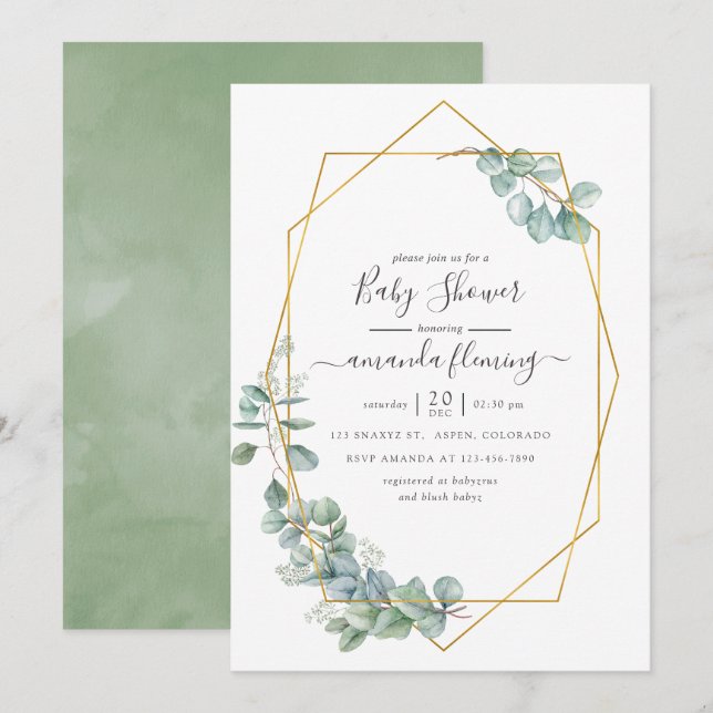 Invitación de baby shower de eucalipto geométrico  (Anverso / Reverso)