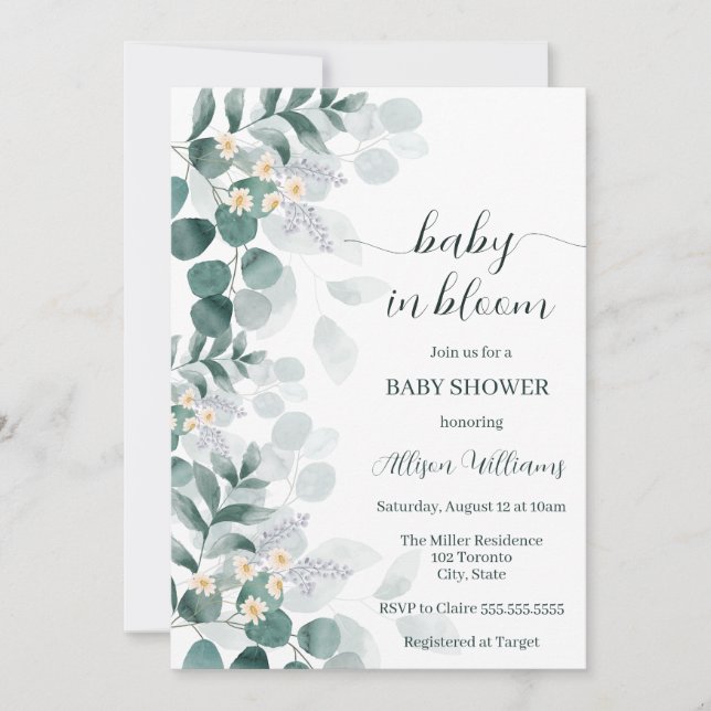 Invitación de baby shower de eucalipto moderno ver (Anverso)