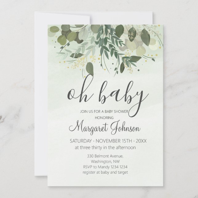 Invitación de baby shower de eucalipto verde (Anverso)