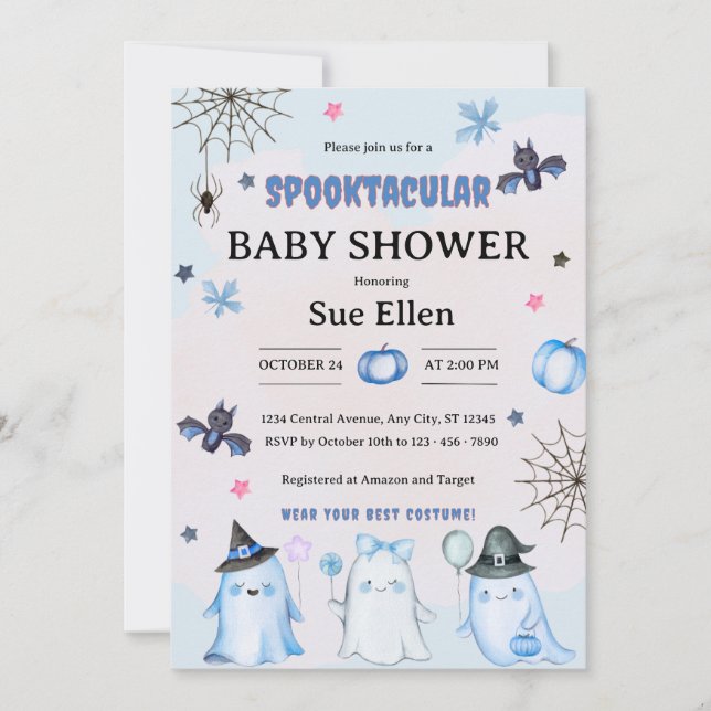 Invitación de Baby Shower de Fantasma con Acuarela (Anverso)