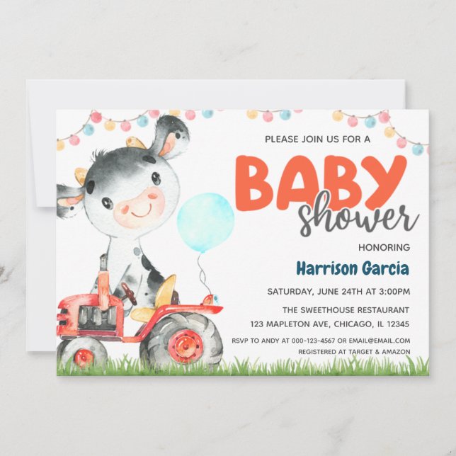 Invitación de Baby Shower de Farm Animal Boy Cow (Anverso)
