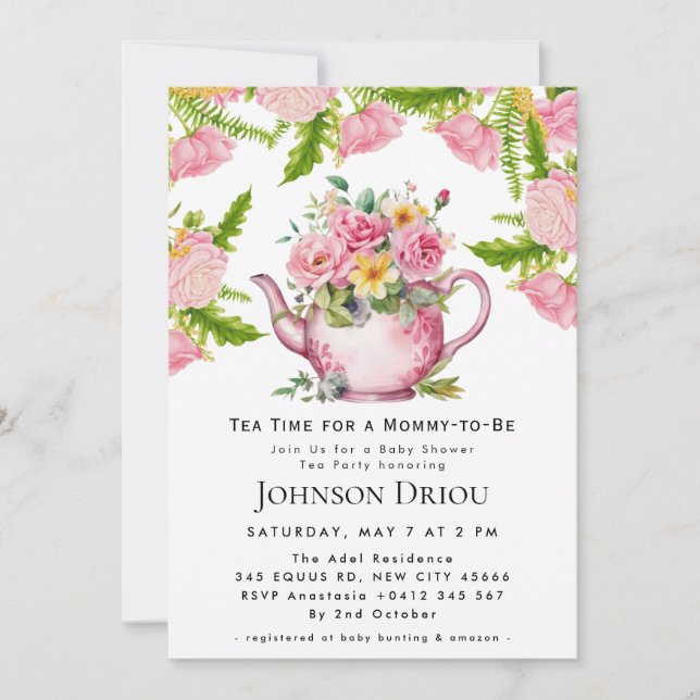 Invitación de Baby Shower de Fiesta de Té Floral (Anverso)