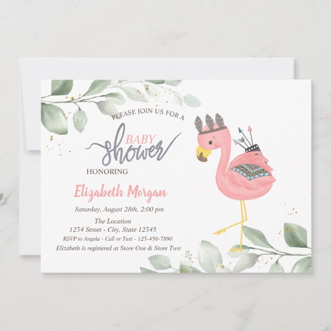 Invitación de baby shower de flamenco boho con hoj (Anverso)