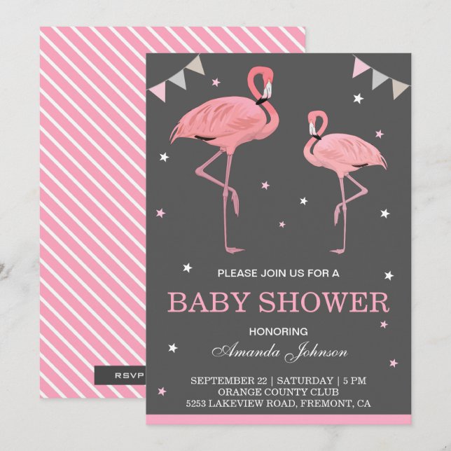 Invitación de baby shower de flamenco rosa lindo (Anverso / Reverso)