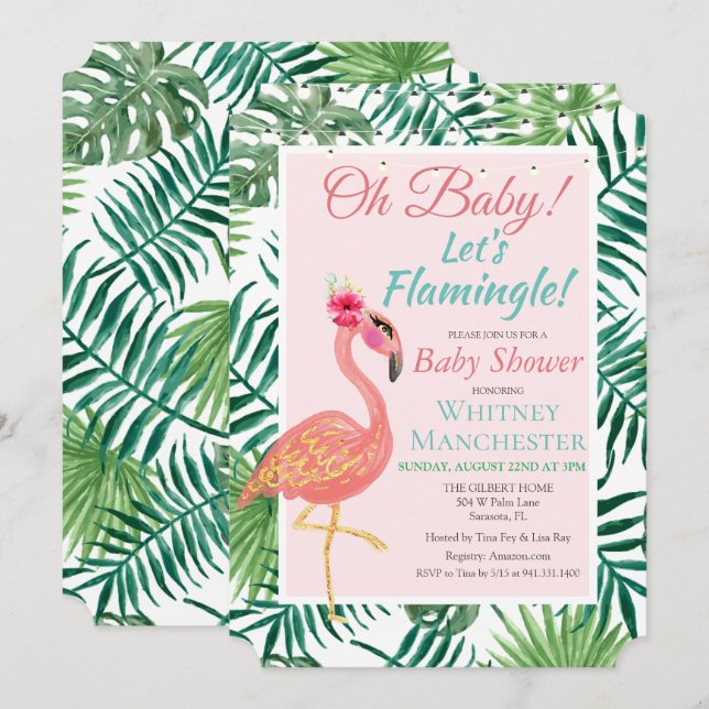 Invitación de Baby Shower de Flamenco Tropical (Anverso / Reverso)