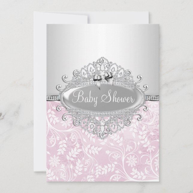 Invitación de Baby Shower de Flor Rosa y Plateada (Anverso)