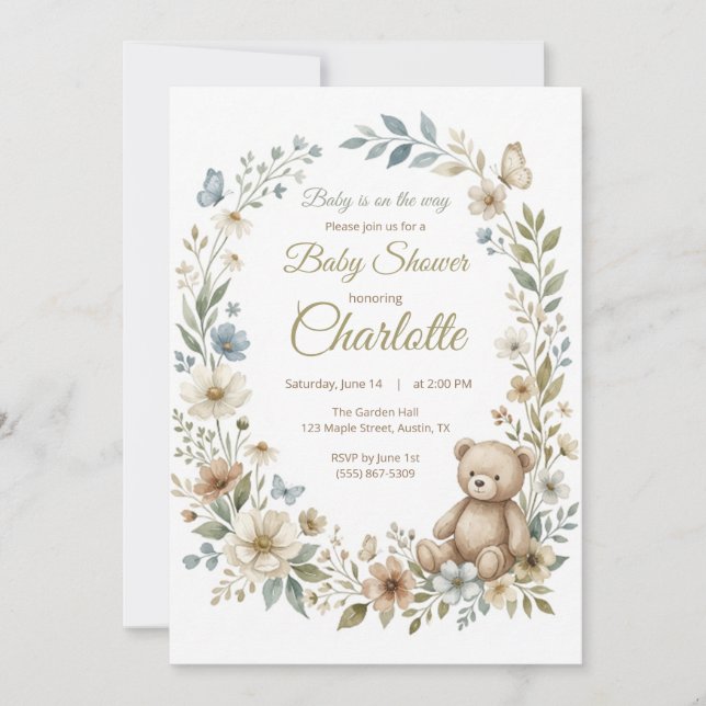 Invitación de Baby Shower de Flor Silvestre (Anverso)