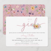 Invitación de baby shower de flor silvestre rosa