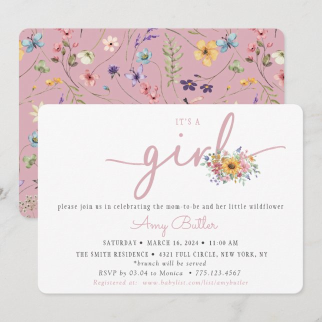 Invitación de baby shower de flor silvestre rosa (Anverso / Reverso)