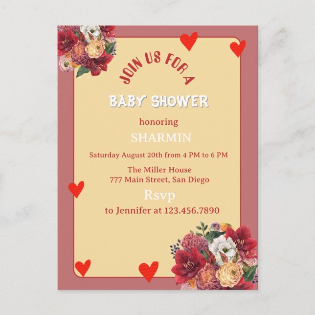 Invitación de Baby Shower de Flor y Corazón (Anverso)