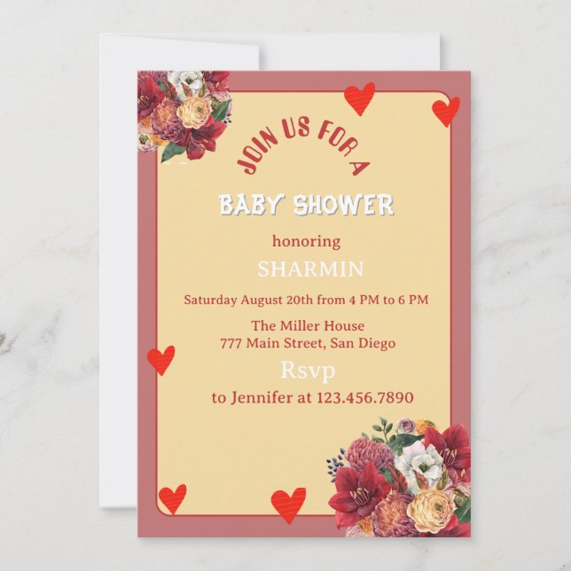 Invitación de Baby Shower de Flor y Corazón (Anverso)