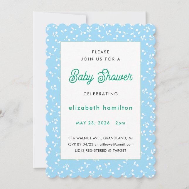 Invitación de Baby Shower de Flores Azules (Anverso)