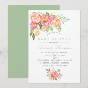 invitación de baby shower de flores de peonía acua