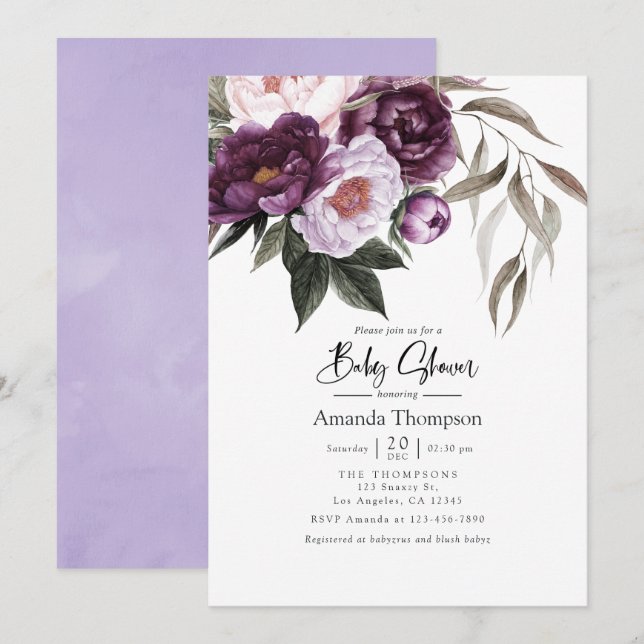 Invitación de baby shower de flores de terciopelo  (Anverso / Reverso)
