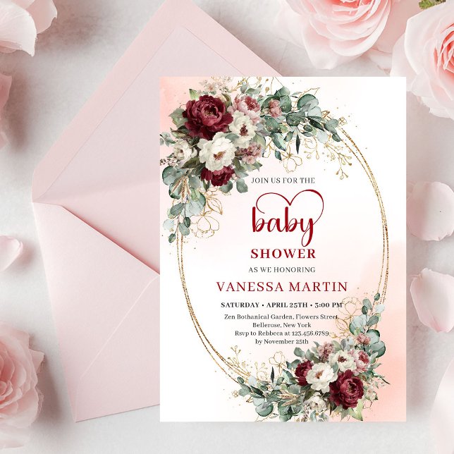 Invitación de baby shower de flores granate atempo (Timeless Maroon Floral Gold Baby Shower Invitation)