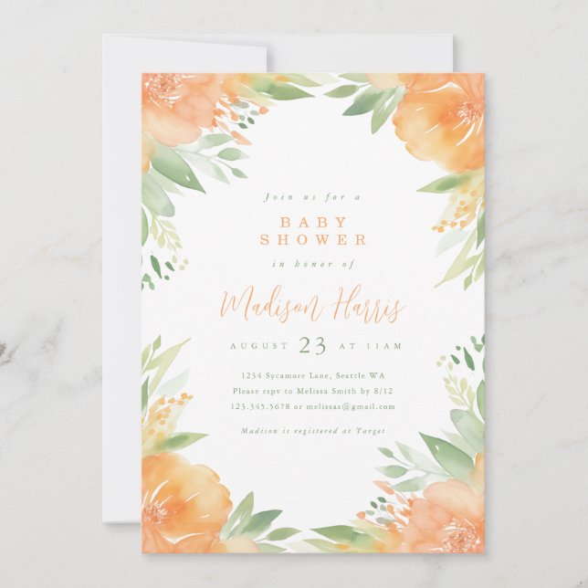 Invitación de Baby Shower de Flores Naranjas Bonit (Anverso)