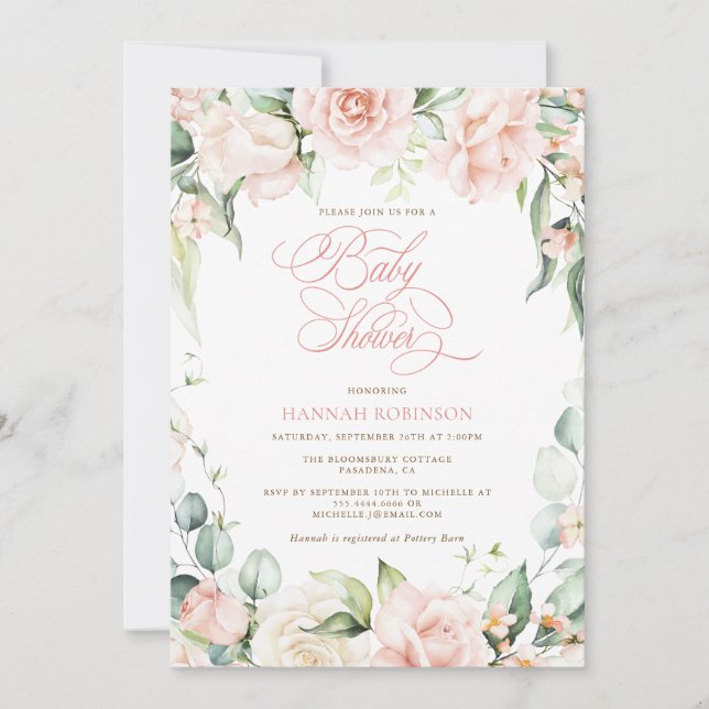 Invitación de baby shower de flores rosadas elegan (Anverso)