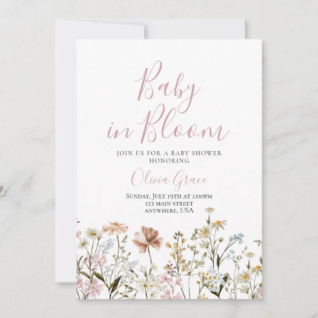 Invitación de baby shower de flores silvestres Bab (Anverso)