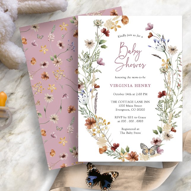 Invitación de Baby Shower de flores silvestres boh (Dusty Pink Boho Wildflower Baby Shower Invitation with Butterfly by Painted Paperie
)